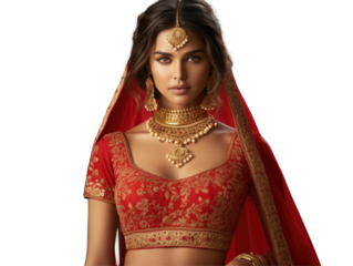 Woman as Indian bride, wear red and gold saree. PNG transparent background