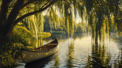 Fototapeta premium A peaceful riverbank with a canoe resting under the shade of willow trees during golden hour