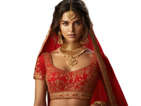 Woman as Indian bride, wear red and gold saree. PNG transparent background