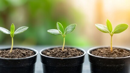 Three Young Plants Growing in Pots.