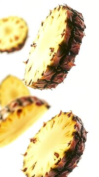 Thin slices of pineapple floating in slow motion on a light background. Soft light accentuates their juiciness and freshness, making the composition light and airy