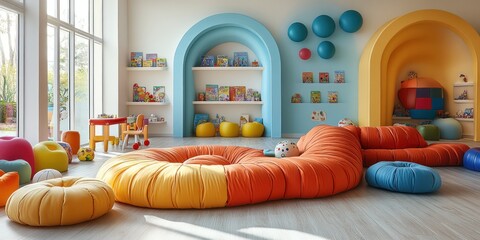 Colorful Playroom with Large Round Sofa, Bookshelves, and Play Area.