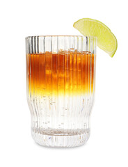 Refreshing espresso tonic drink with slice of lime isolated on white