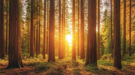 Naklejka premium A vibrant sunset illuminates a majestic redwood forest in California, showcasing towering trees and lush greenery during evening hours