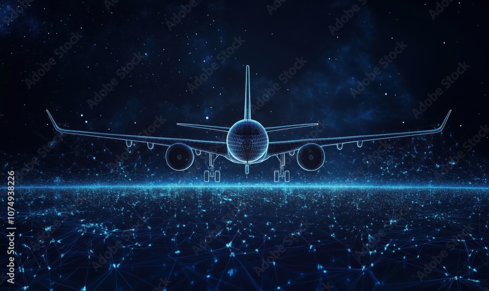 Poster digital airplane wireframe design with starry background and network connections