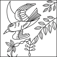 線画正方形花札　卯月　藤　不如帰　4月　藤に不如帰