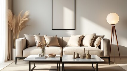 Frame mockup, ISO A paper size. Living room wall poster mockup. Interior mockup with house background. Modern interior design. 3D render