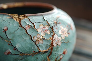 A beautiful turquoise vase adorned with a cherry blossom pattern displays delicate cracks filled with gold repairs. The artistic detailing highlights its vintage charm and fragility