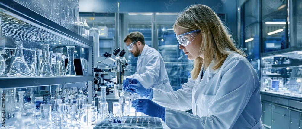 Poster a laboratory scene showing two scientists in lab coats conducting experiments with glassware and equ