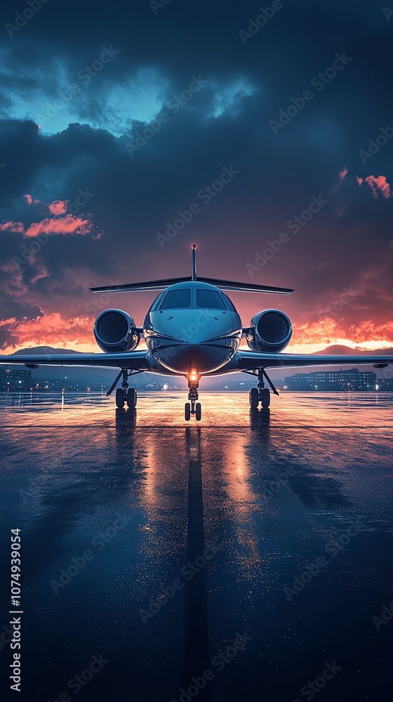 Poster private jet on a runway at dusk with a dramatic sky in the background.