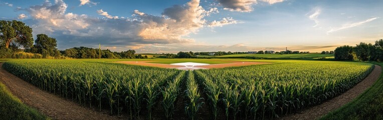 Stunning view of the iconic Field of Dreams at sunset showcasing lush cornfields and a baseball diamond