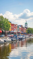 Fototapeta premium Historic Annapolis waterfront with colorful buildings and docked boats lined along the serene waters in bright daylight