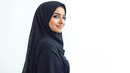 Arabian woman wearing a black abaya , copy space
