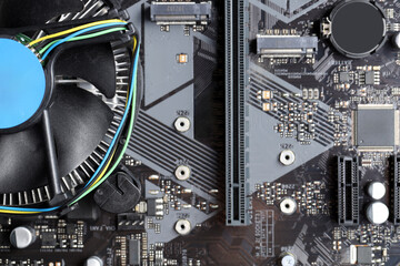 Computer motherboard as background, top view. Electronic engineering