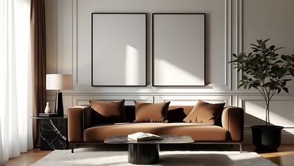 Frame mockup, ISO A paper size. Living room wall poster mockup. Interior mockup with house background. Modern interior design. 3D render