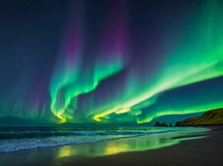 Naklejka premium Colorful polar northern lights, reflection in water of bay on coast. Spring landscape background. Aurora Borealis and starry night sky card. Green aurora postcard. Climate change, global warming.