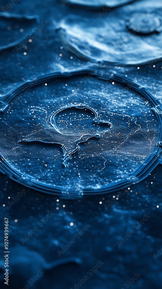 Poster abstract blue circular pattern with a textured, rocky, and glittering surface.