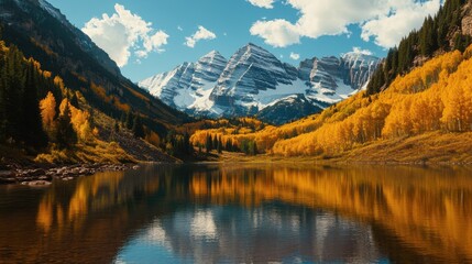 Fototapeta premium Autumn reflections of the Maroon Bells under a clear blue sky with vibrant golden aspens by the tranquil lake