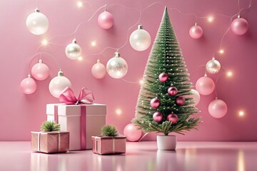 Festive and minimalist, a Christmas tree silhouette merges with a pink background in a captivating double exposure.