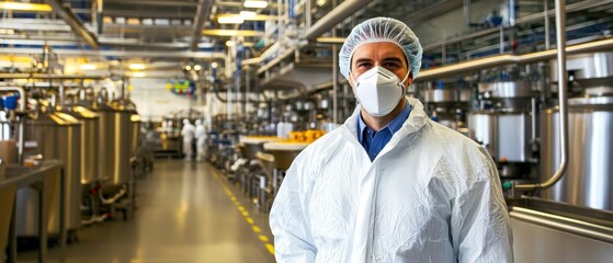 A worker in protective gear stands in a food processing facility, showcasing safety and hygiene in a modern production environment.