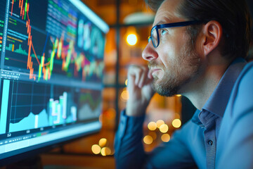 Focused man analyzing financial charts on a computer screen, representing trading and market analysis.