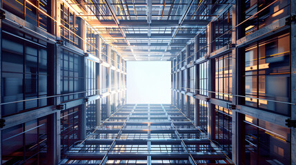Fototapeta premium An upward view of a modern building's interior, showcasing a bright light source framed by glass and steel, creating a striking architectural perspective.