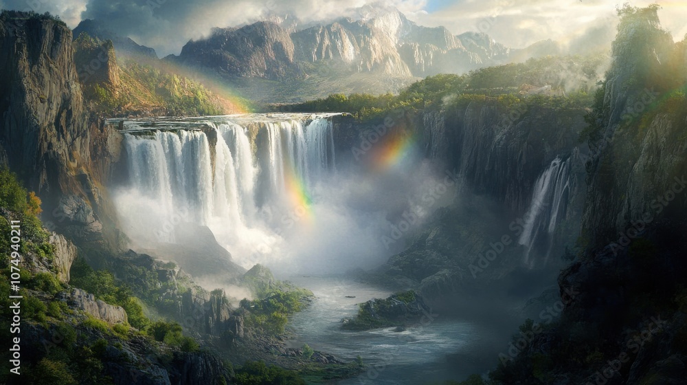 Poster shoshone falls thunders down majestic cliffs with rainbows forming in the mist during a sunlit after