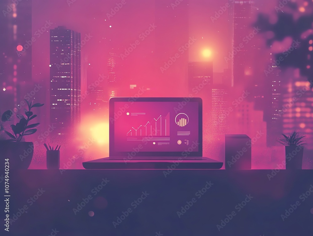 Poster laptop on a desk with a graph on the screen, in a neon cityscape at night.