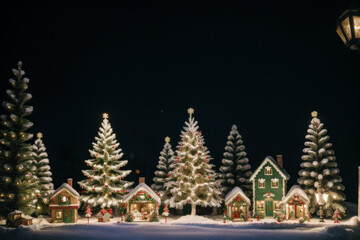 A winter village scene with snow-covered houses  Christmas trees  and festive figures