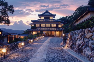 Naklejka premium A grand Japanese building stands lit by lanterns along a gravel pathway, surrounded by lush greenery. The dusk sky features pastel colors, creating a tranquil atmosphere