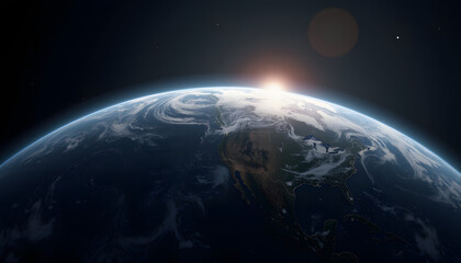 Fototapeta premium Beautiful Earth planet view from space with sunrise and clouds