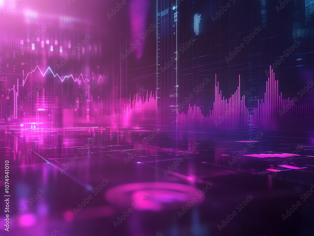 Poster Abstract digital background with glowing lines and data charts.