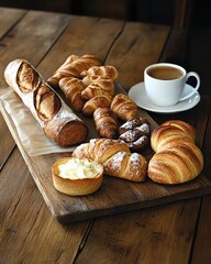 Coffee with bread and fruit Assortment of pastry and coffee on wooden table.