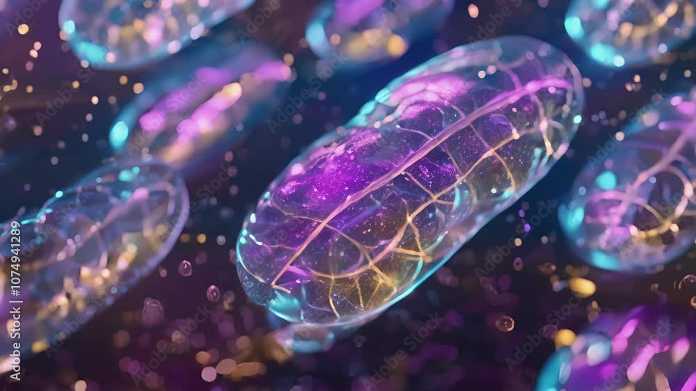 Poster focusing on a single cell we can see the presence of large rounded structures known as mitochondria 