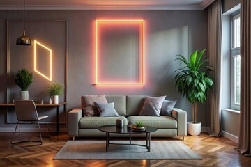 a living room with a couch, a table, and a large light on the wall