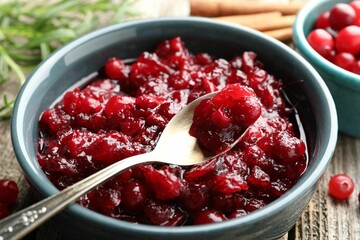Tasty cranberry sauce in bowl and spoon on table, closeup