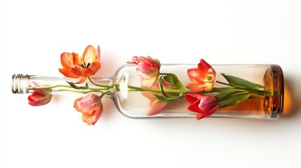 beautiful flowers entangling to each other are growing from the whisky bottle, tulip like structure, isolated on white, photo taken from above.