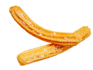 Churros isolated on white. Flying Fried churros with sugar cristals and melting chocolate  in the air. Levitating Traditional Spanish dessert. Top view. Flat lay