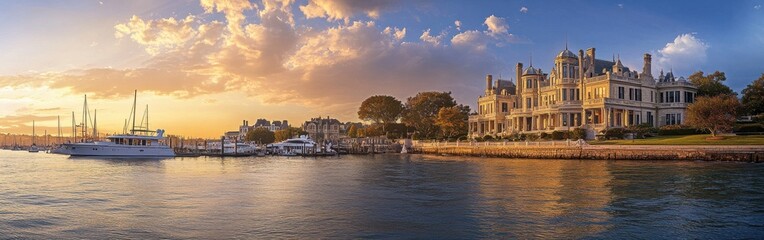 Obraz premium A breathtaking panorama of a historic seaside mansion at sunset with boats anchored nearby