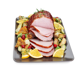 Tasty baked ham, vegetables and oranges isolated on white