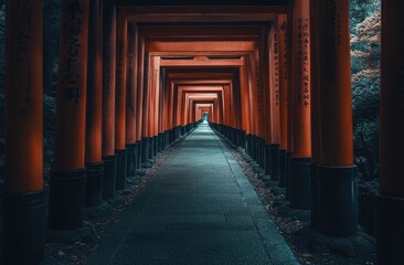 Fototapeta premium A straight path lined with orange torii gates, each gate covered in black calligraphic symbols, leading to the center of Fushimi Inari-taisha shrine