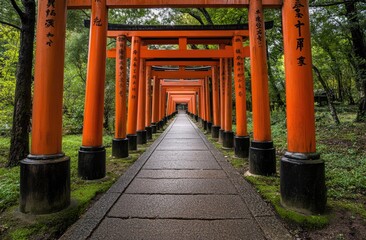 A straight path lined with orange torii gates, each gate covered in black calligraphic symbols, leading to the center of Fushimi Inari-taisha shrine