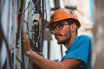 Electrician working with equipment outdoors, wearing a safety helmet and focused on his task.