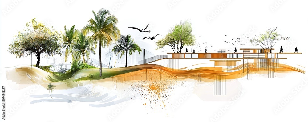 Poster abstract modern architecture with palm trees and birds.