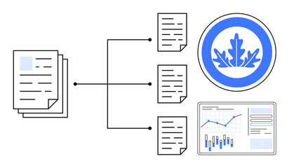 Documents connected, sorted into categorized papers and represented by an official emblem and analytical graph. Ideal for workflows, data management, business processes, visual data representation