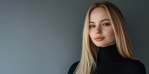 Fototapeta premium Portrait of young woman with long blonde hair and blue eyes, wearing black turtleneck