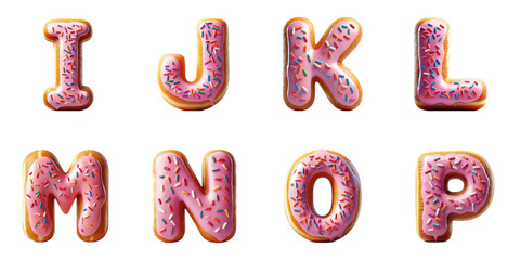 Alphabet Donut Letters I, J, K, L, M, N, O, P : Pink frosted donuts shaped as letters I to P with colorful sprinkles