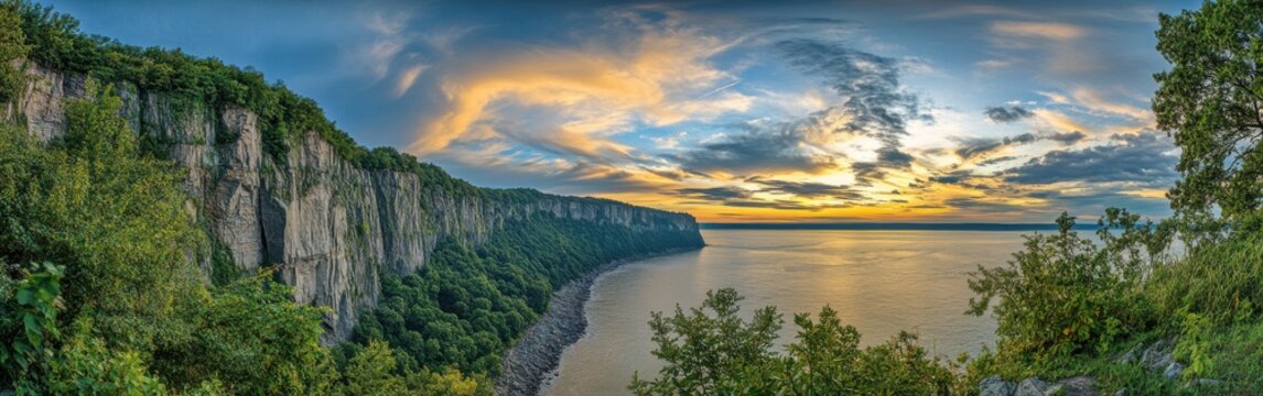 A breathtaking panorama of the Palisades Cliffs during sunset showcasing vibrant colors over the Hudson River