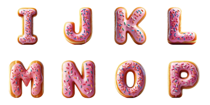 Alphabet Donut Letters I, J, K, L, M, N, O, P : Pink frosted donuts shaped as letters I to P with colorful sprinkles