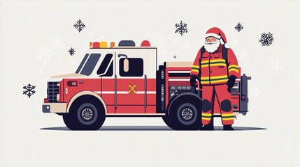 Firefighter Santa Costumed Illustration with fire truck behind and some snow flakes decoration